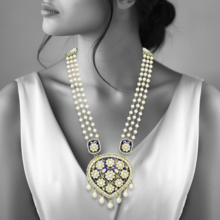Pearl Strand Necklace with Blue Meena Polki Floral Pendant